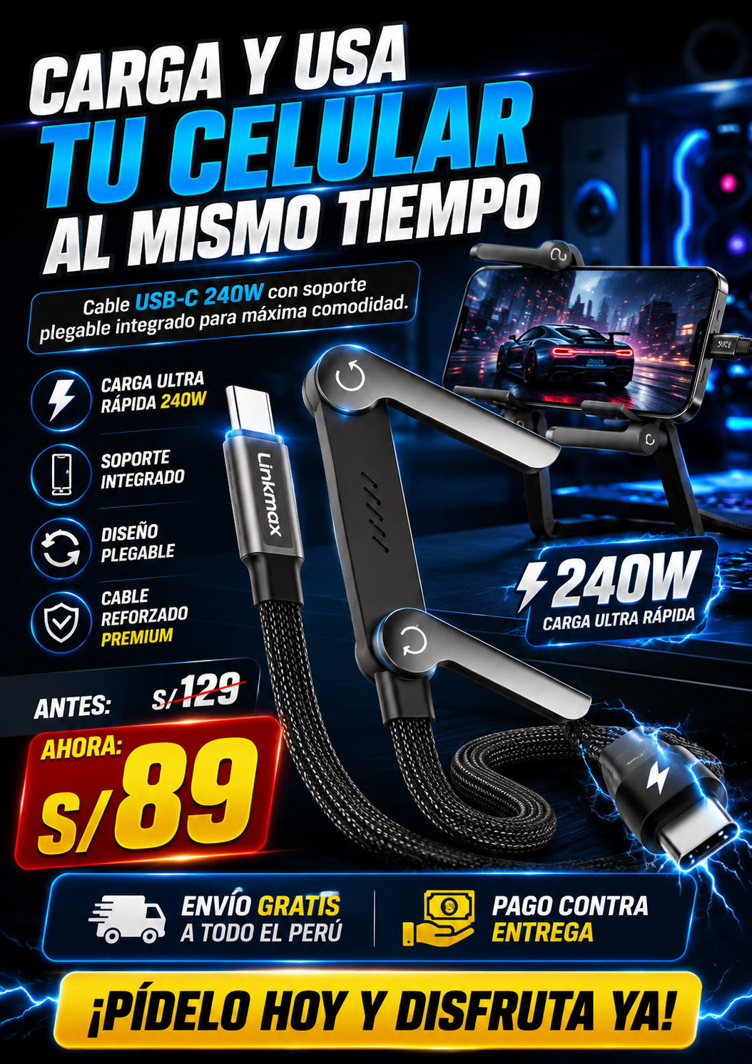 Cable USB 2 en 1 con soporte plegable