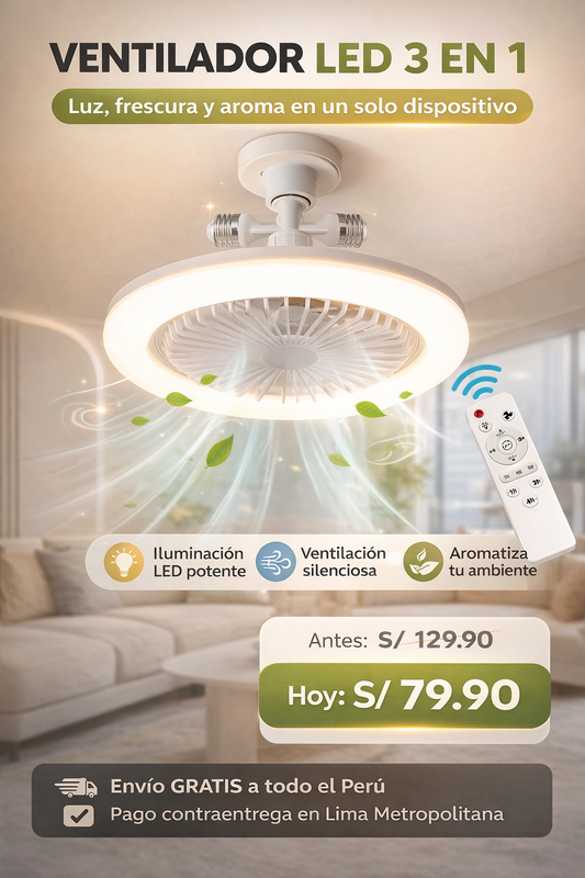 Ventilador Led 3 en 1: Luz, Frescura y Aroma